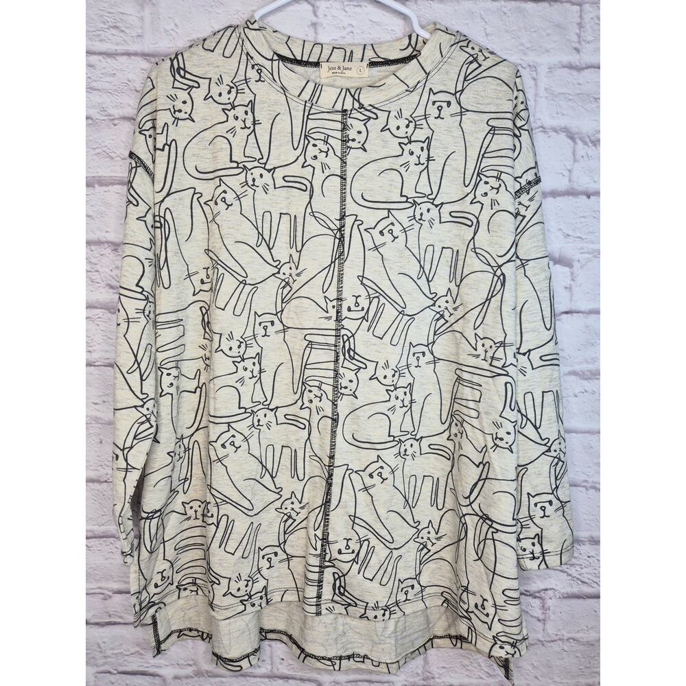Jess & Jane Tabby Cat Print Tunic Top L Large Oversized Artsy Whimsical USA Grey
